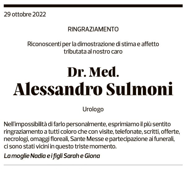 Annuncio funebre Alessandro Sulmoni