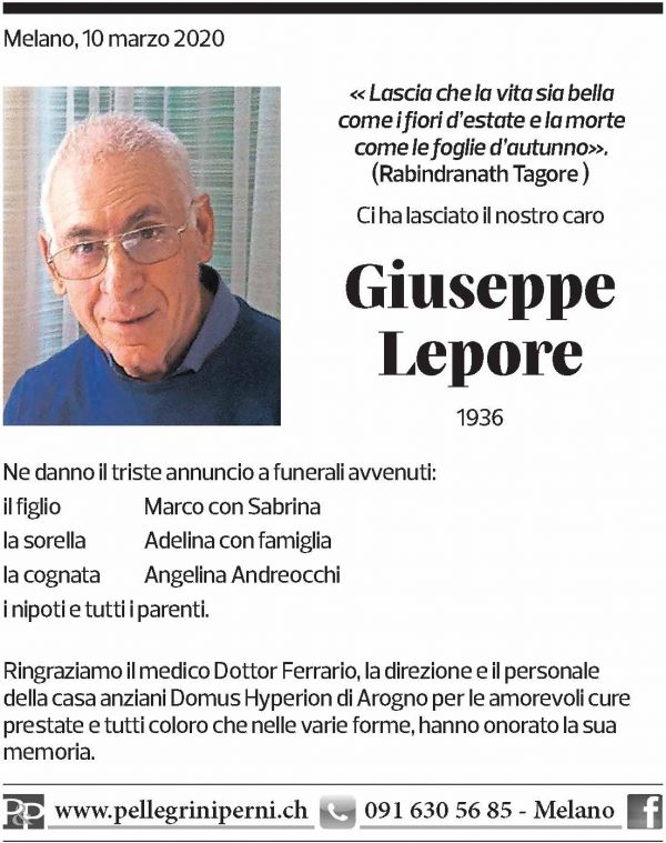 Annuncio funebre Giuseppe Lepore