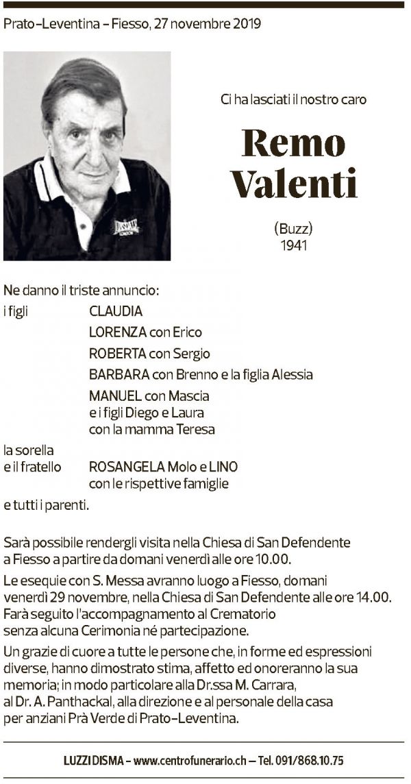 Annuncio funebre Remo Valenti
