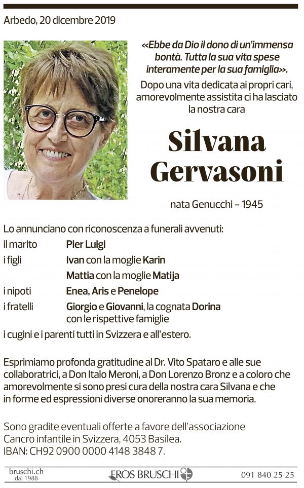 Annuncio funebre Arbedo Gervasoni