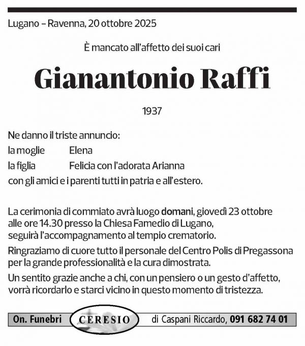 Annuncio funebre Gianantonio Raffi