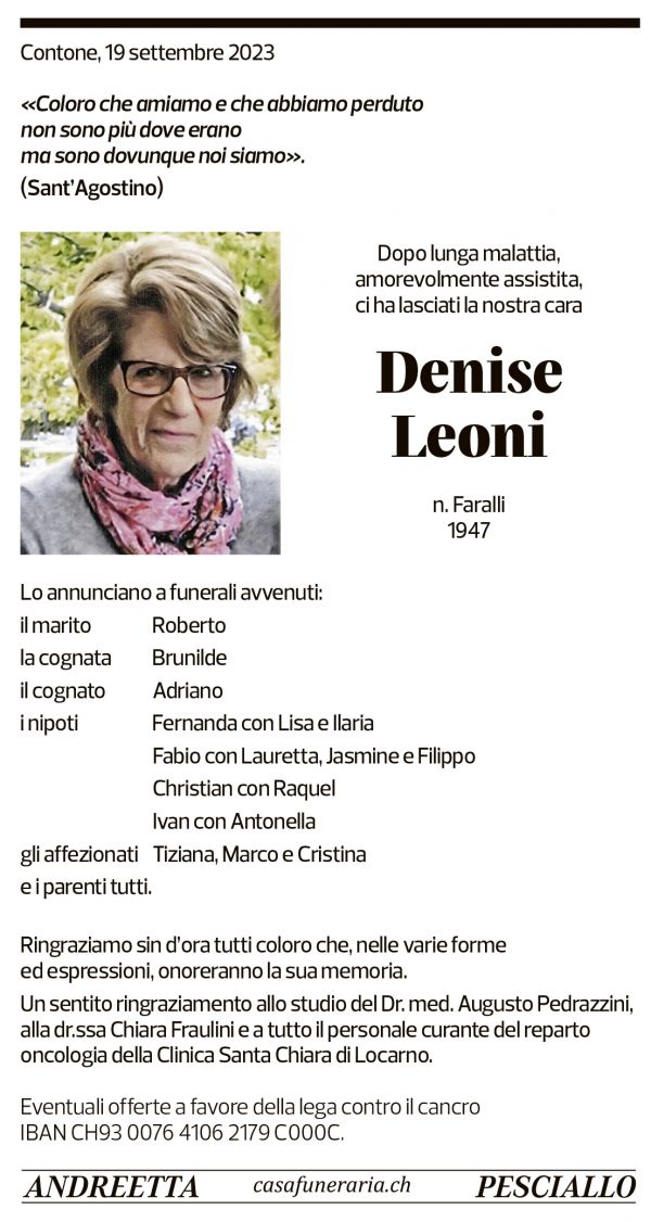 Annuncio funebre Denise Leoni