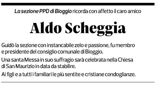 Annuncio funebre Aldo Scheggia