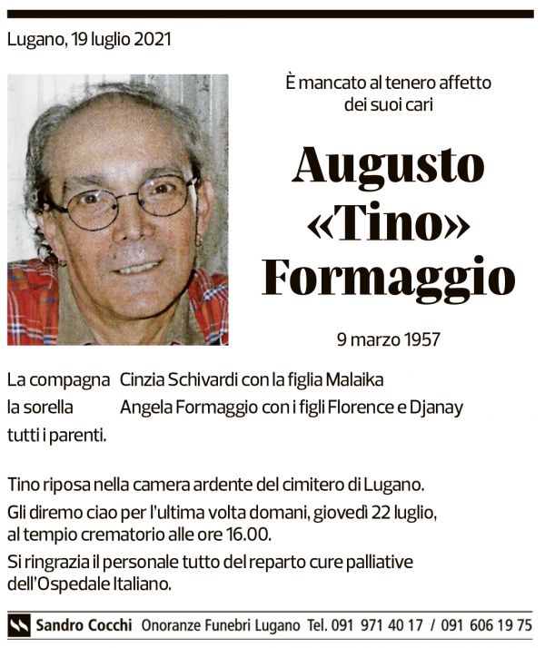 Annuncio funebre Augusto Formaggio