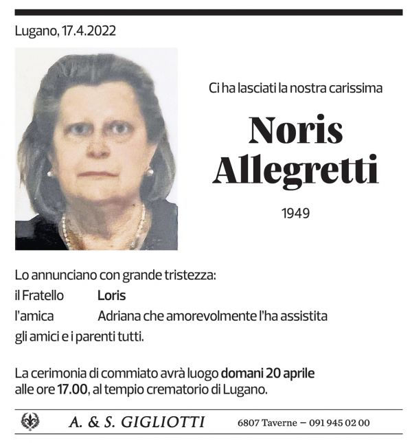 Annuncio funebre Noris Allegretti