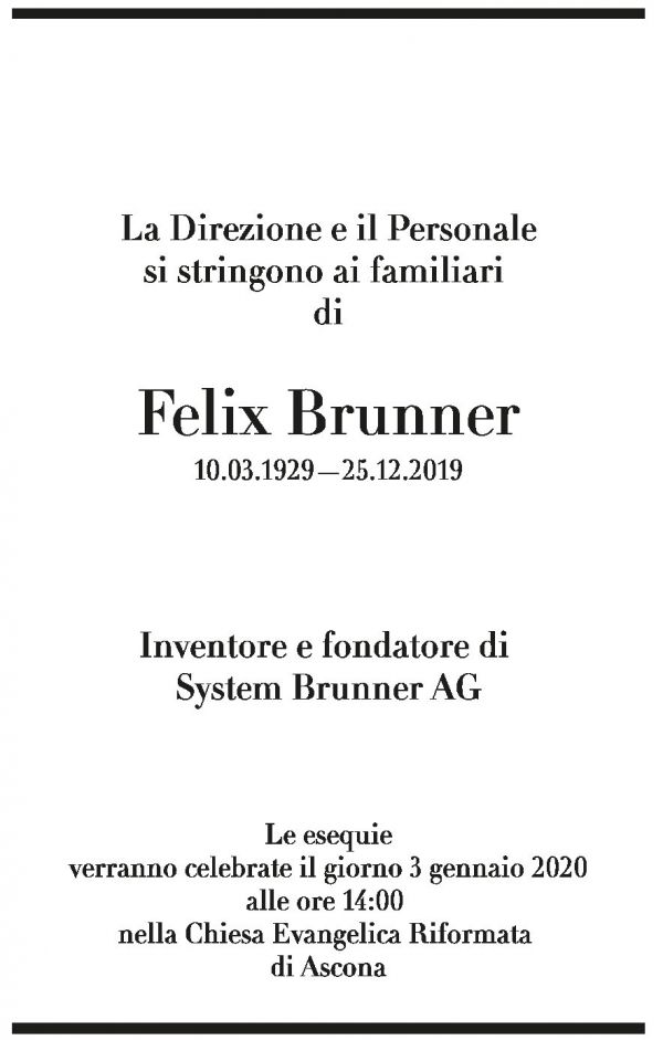 Annuncio funebre Felix Brunner