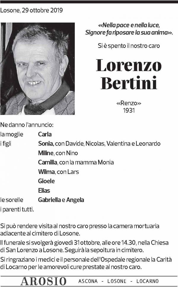 Annuncio funebre Lorenzo Bertini