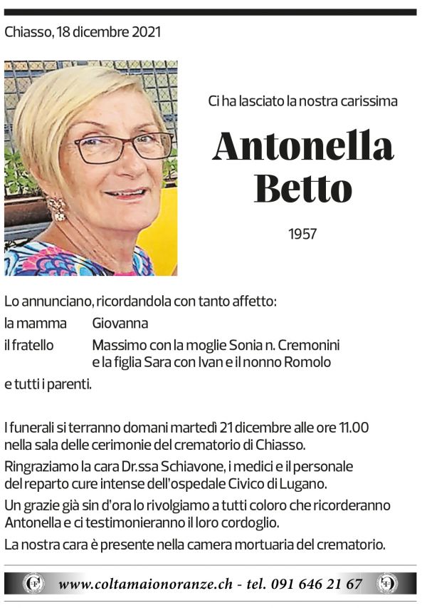 Annuncio funebre Antonella Betto