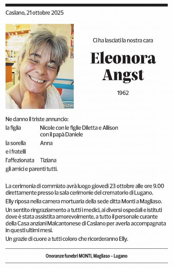 Annuncio funebre Eleonora Angst