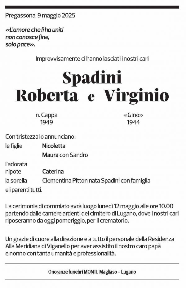 Annuncio funebre Roberta Spadini Virginio Spadini