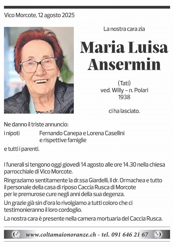 Annuncio funebre Maria Luisa Ansermin