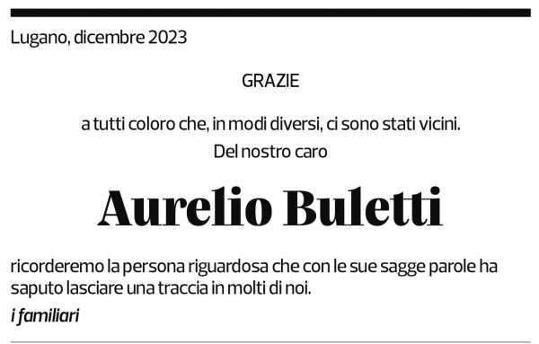 Annuncio funebre Aurelio Buletti