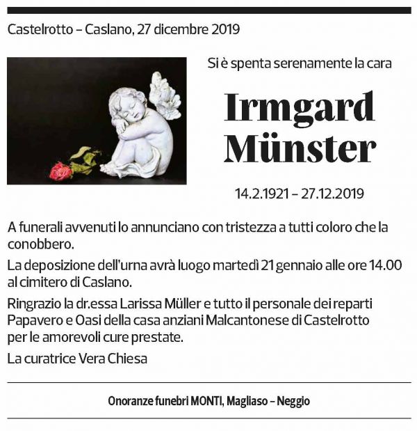 Annuncio funebre Irmgard Münster