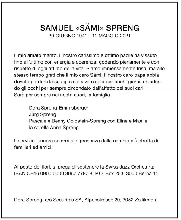 Annuncio funebre Samuel Spreng