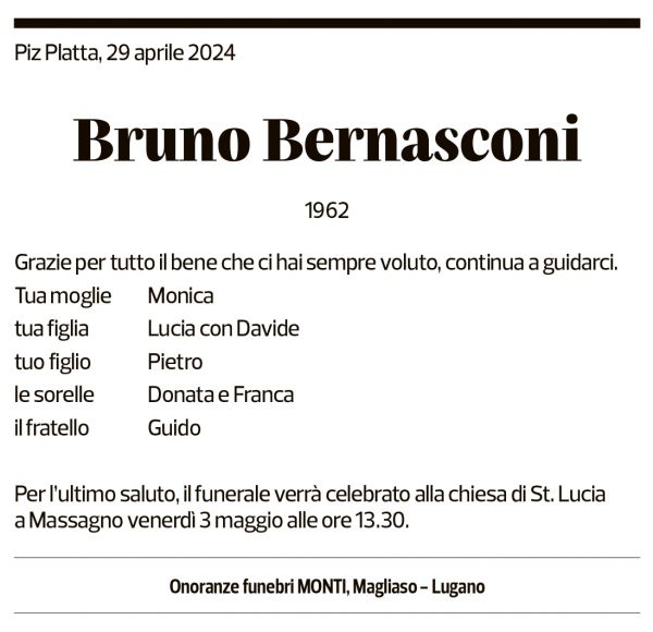 Annuncio funebre Bruno Bernasconi