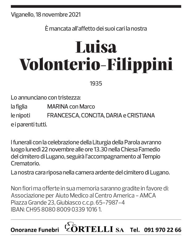 Annuncio funebre Luisa Volonterio-filippini