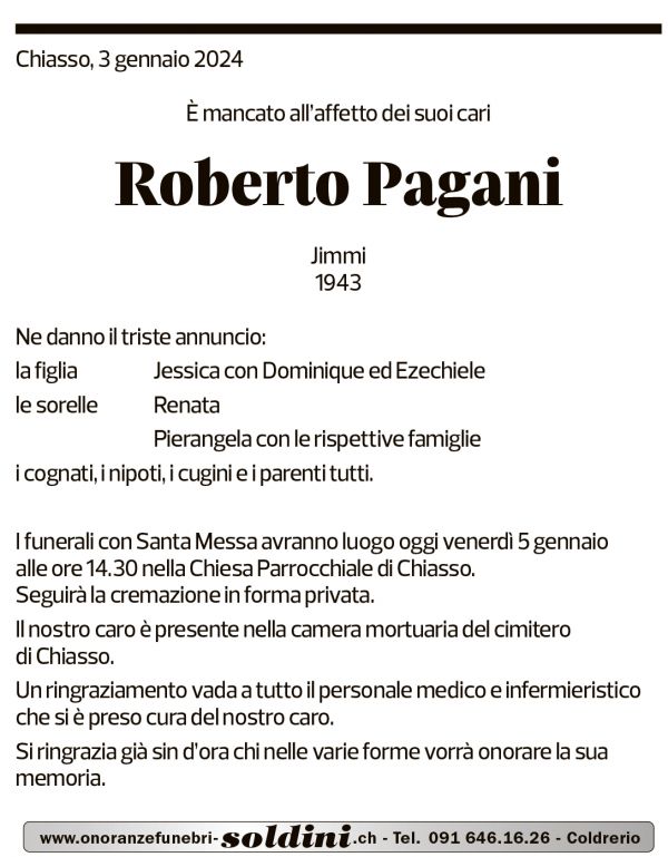 Annuncio funebre Roberto Pagani