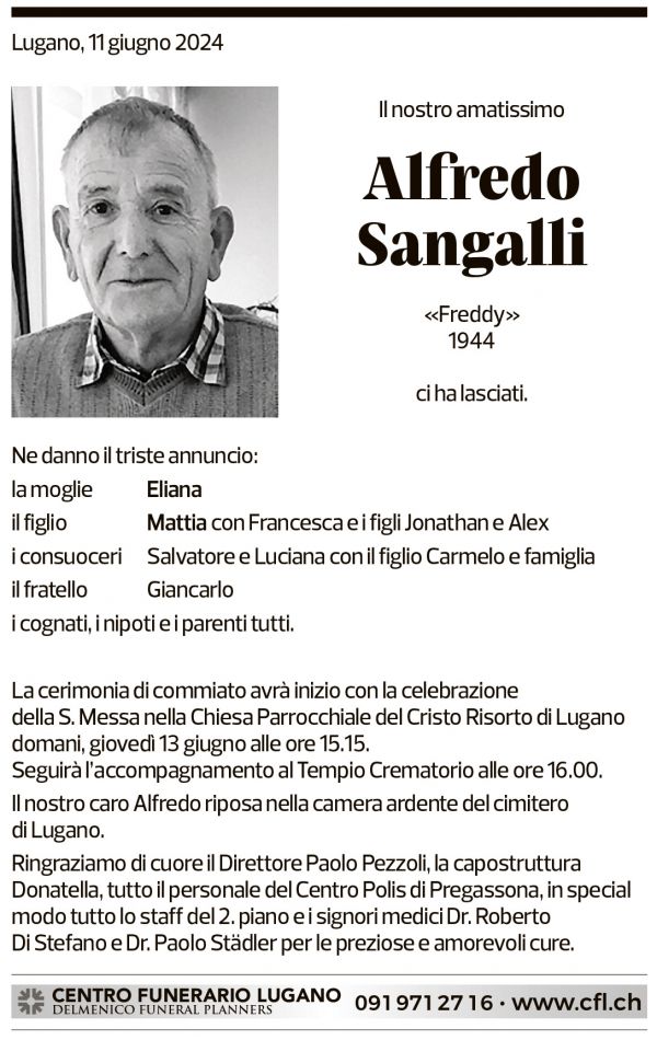 Annuncio funebre Alfredo Sangalli