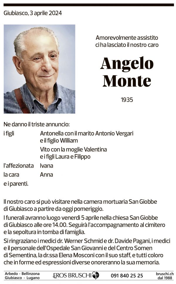 Annuncio funebre Angelo Monte