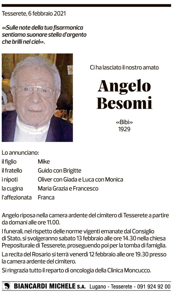 Annuncio funebre Angelo Besomi