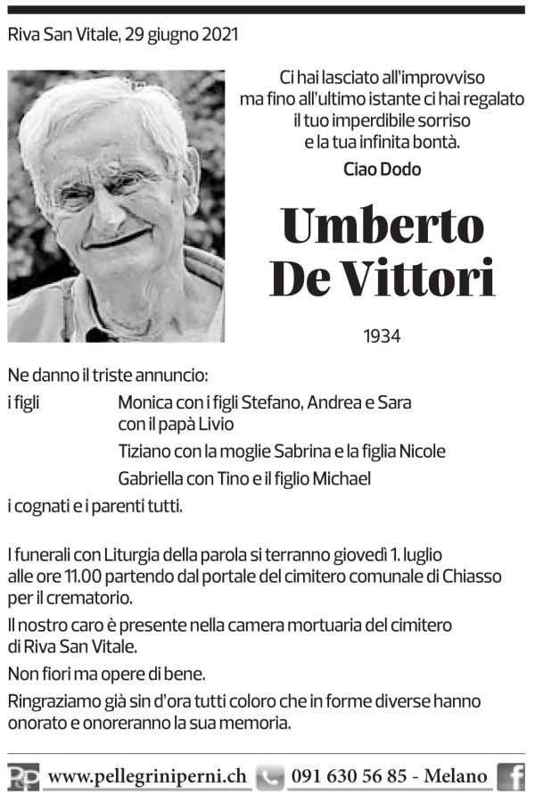 Annuncio funebre Umberto De Vittori