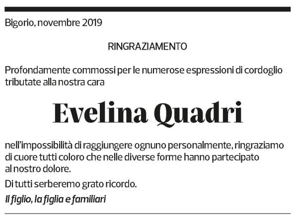 Annuncio funebre Evelina Quadri