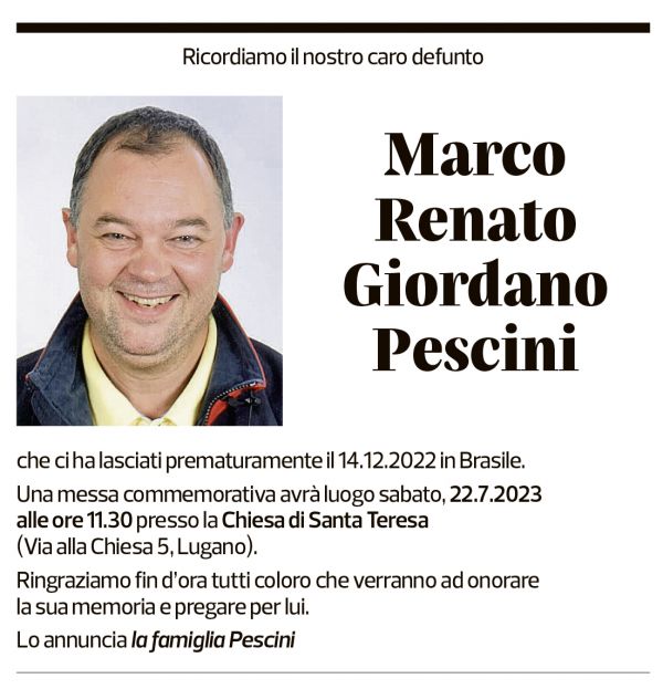 Annuncio funebre Marco Renato Giordano Pescini