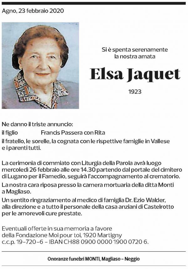 Annuncio funebre Elsa Jaquet