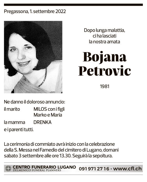 Annuncio funebre Bojana Petrovic