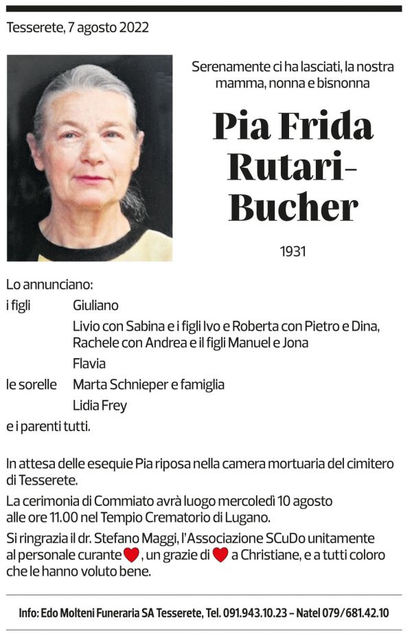 Annuncio funebre Pia Frida Rutari-bucher