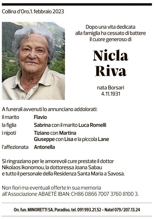 Annuncio funebre Nicla Riva