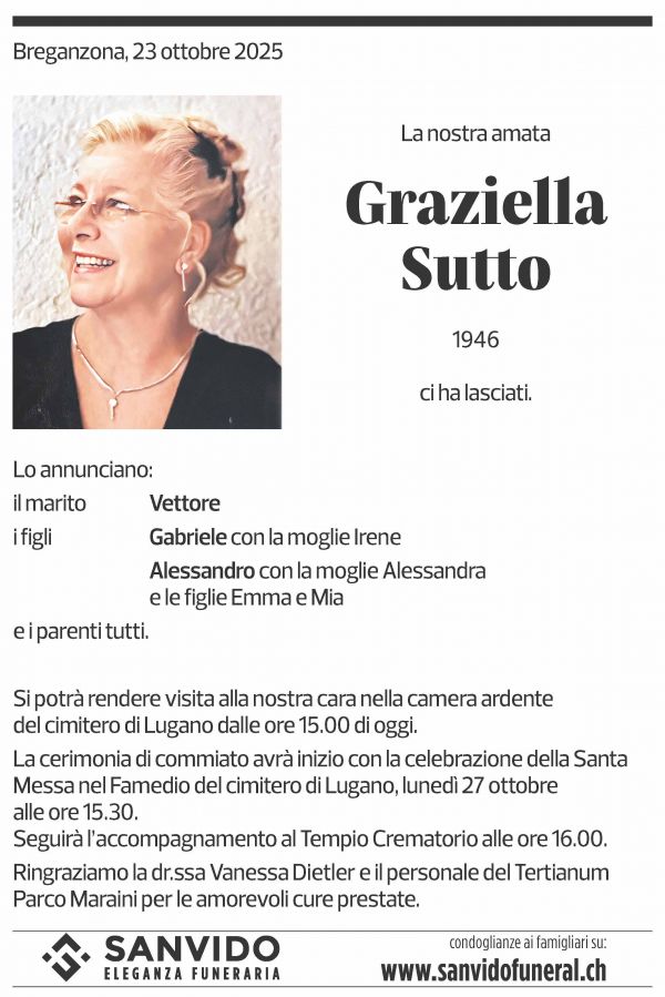 Annuncio funebre Graziella Sutto