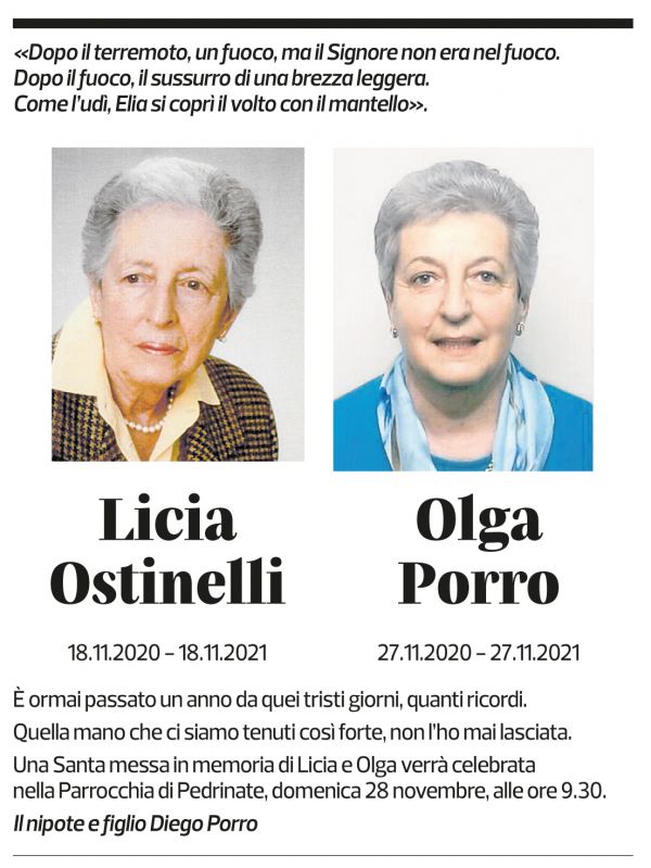 Annuncio funebre Licia Ostinelli Olga Porro