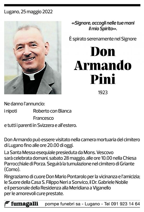 Annuncio funebre Don Armando Pini