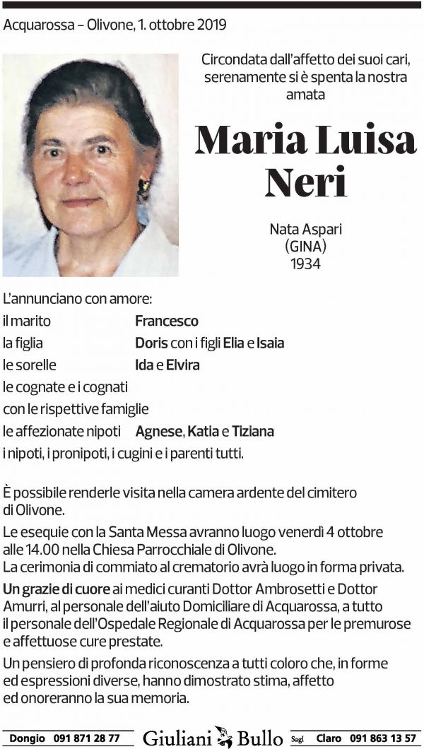 Annuncio funebre Maria Luisa Neri
