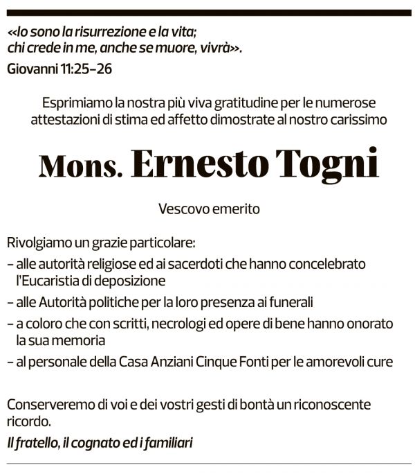 Annuncio funebre Ernesto Togni