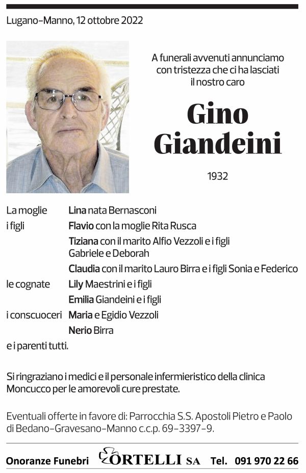 Annuncio funebre Gino Giandeini