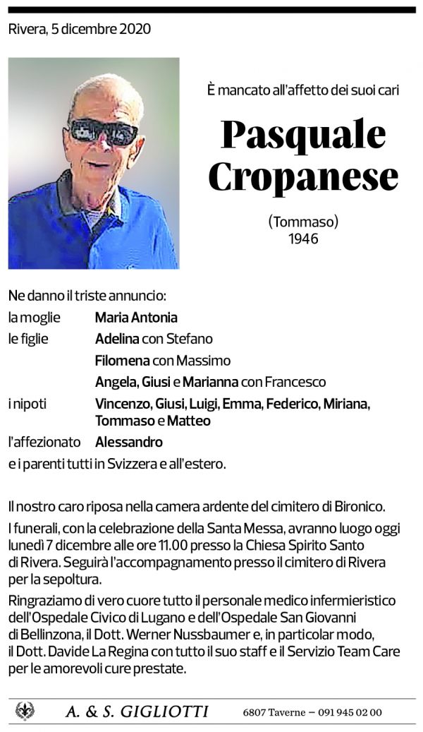 Annuncio funebre Pasquale Cropanese