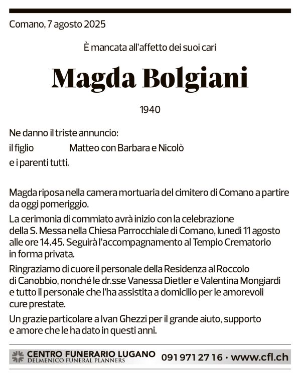 Annuncio funebre Magda Bolgiani