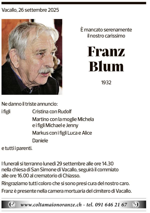 Annuncio funebre Franz Blum