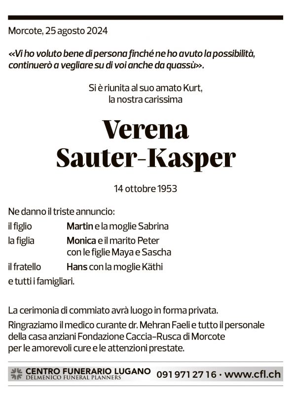 Annuncio funebre Verena Sauter-kasper