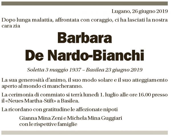 Annuncio funebre Barbara De Nardo-bianchi