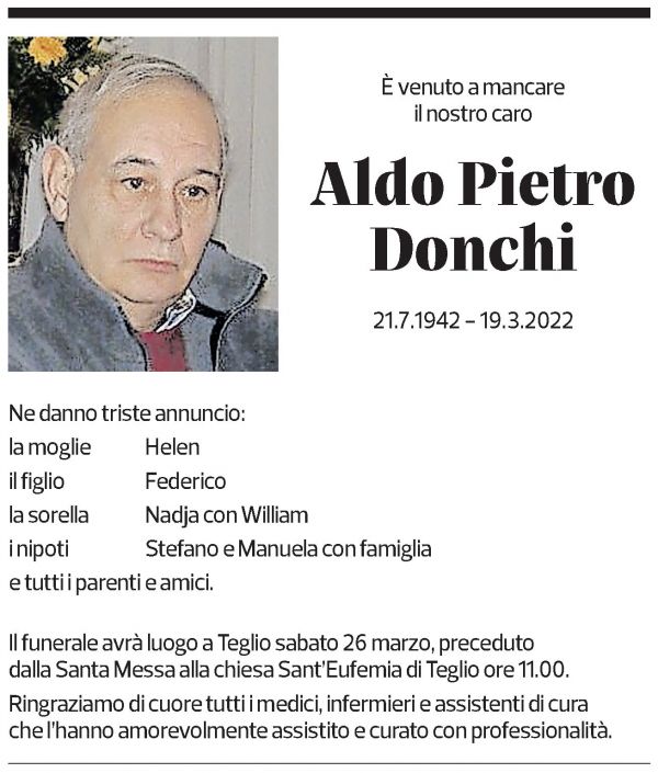 Annuncio funebre Aldo Pietro Donchi