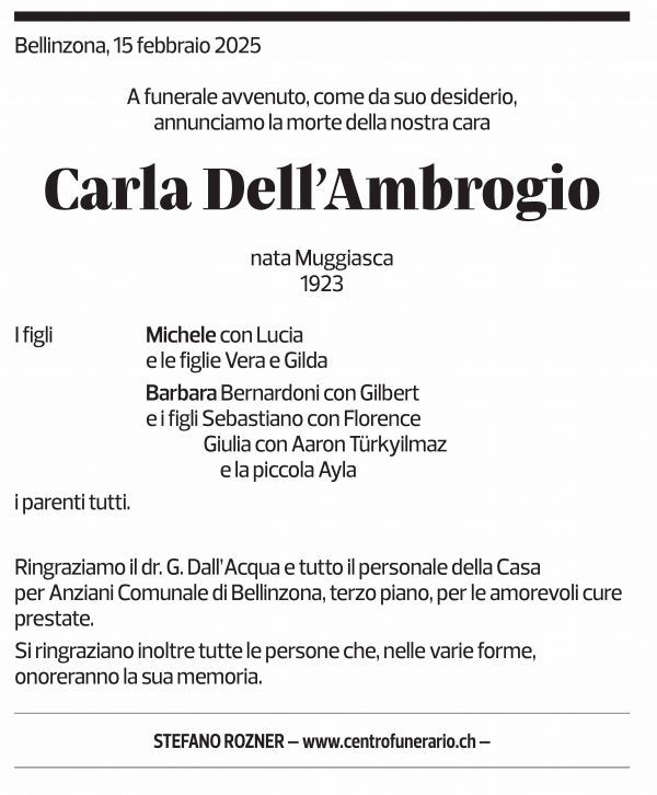 Annuncio funebre Carla Dell'ambrogio