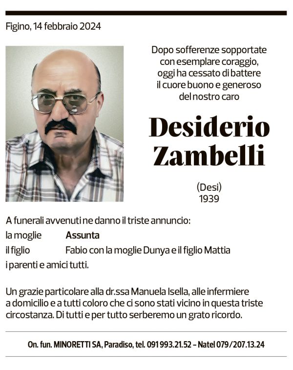 Annuncio funebre Desiderio Zambelli