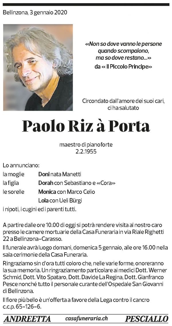 Annuncio funebre Paolo Riz à Porta