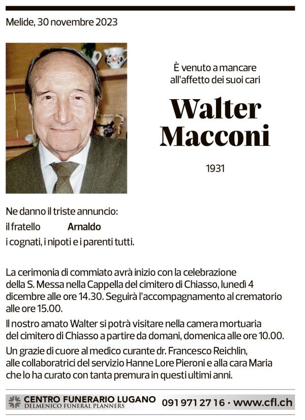 Annuncio funebre Walter Macconi