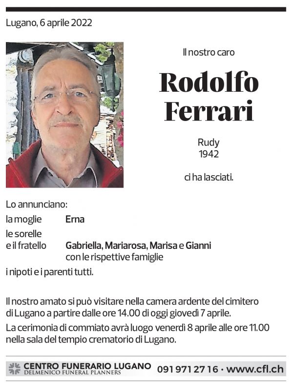 Annuncio funebre Rodolfo Ferrari