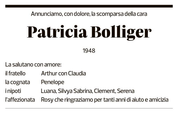 Annuncio funebre Patricia Bolliger