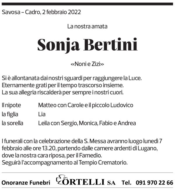 Annuncio funebre Sonja Bertini